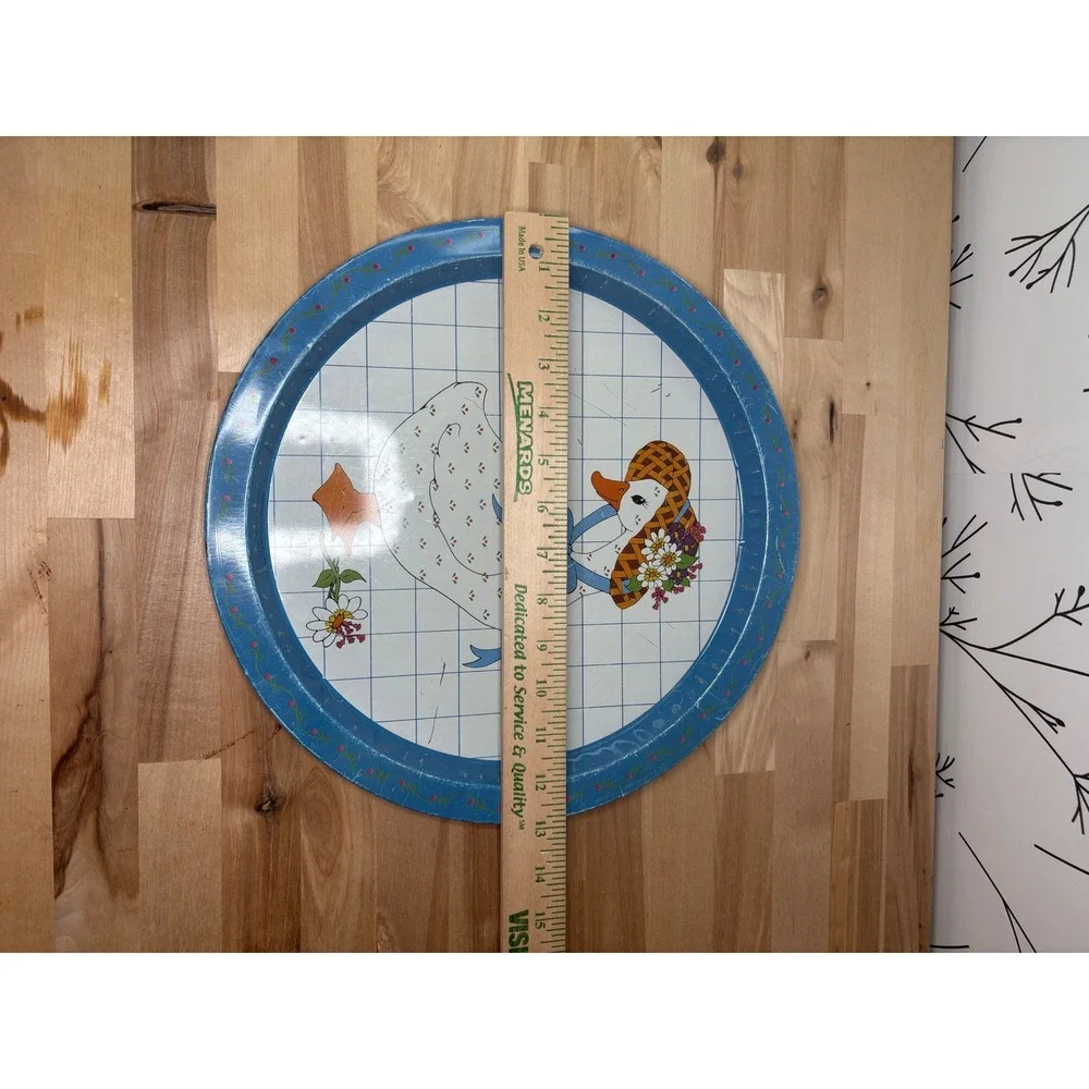 Vtg Giftco Inc Round Metal Serving Tray Country Goose Floral Sun Hat Blue 13